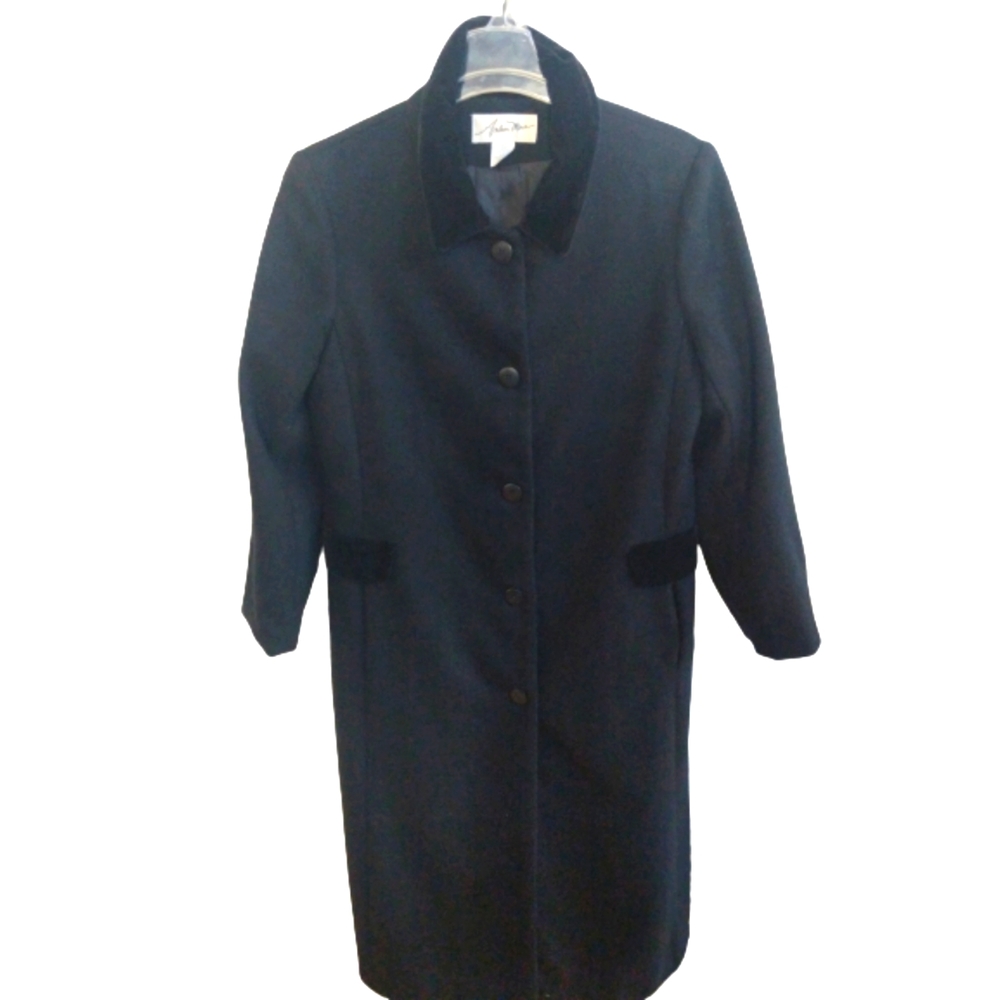Vintage Wool Trench Coat Long Black Button Front Velvet Collar